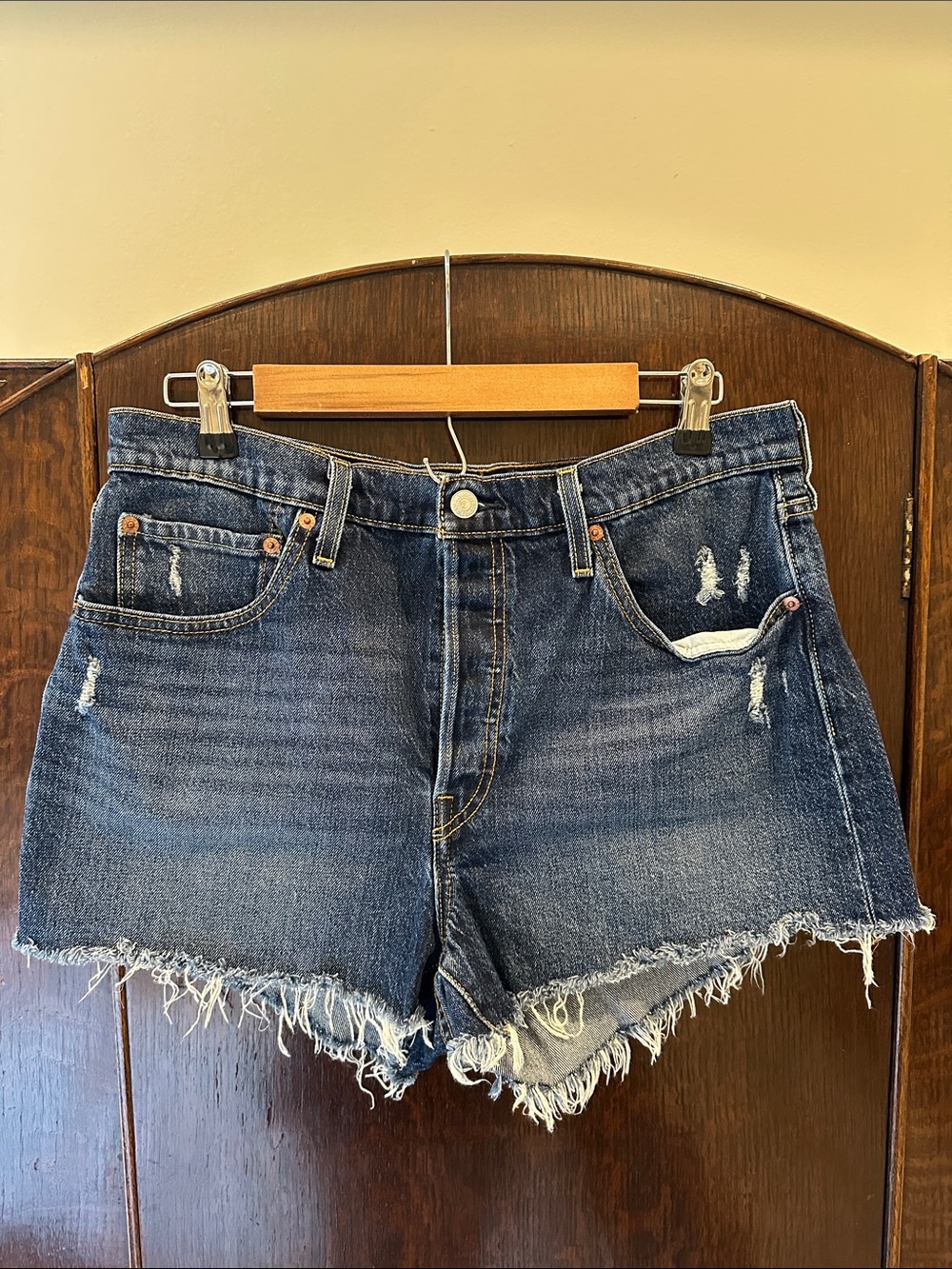 Levi's Dark Blue Distressed Denim Cutoff Shorts
